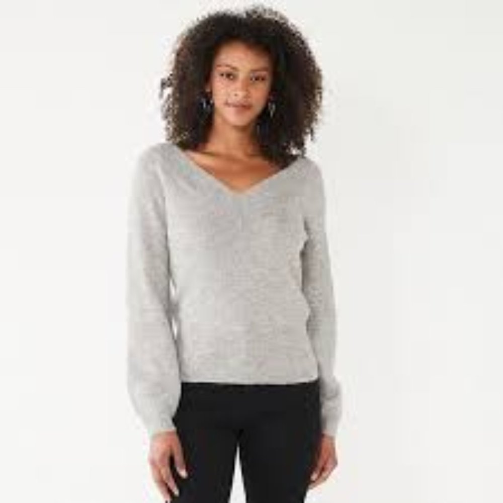 EUC Nine West Femme Heather Gray Shimmer Double V-Neck Sweater – Size XL